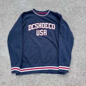 DC Men's Navy Crewneck Sweater with Red and White Stripes
